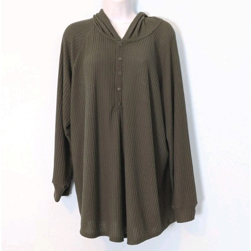 Torrid Hooded Pullover Sweater Women's 3 3X Khaki Green Textured Knit 1/2 Snap